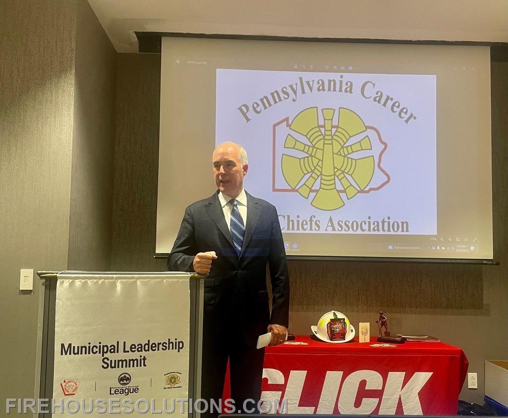 U.S. Senator Bob Casey visiting with the Fire Chiefs in Scranton, PA. October 2024.