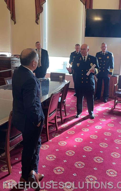 Fire Chief Daniel Hoff speaking with U.S. Congressman Llyod Smucker during the annual Breakfast on the Hill. April 2024.