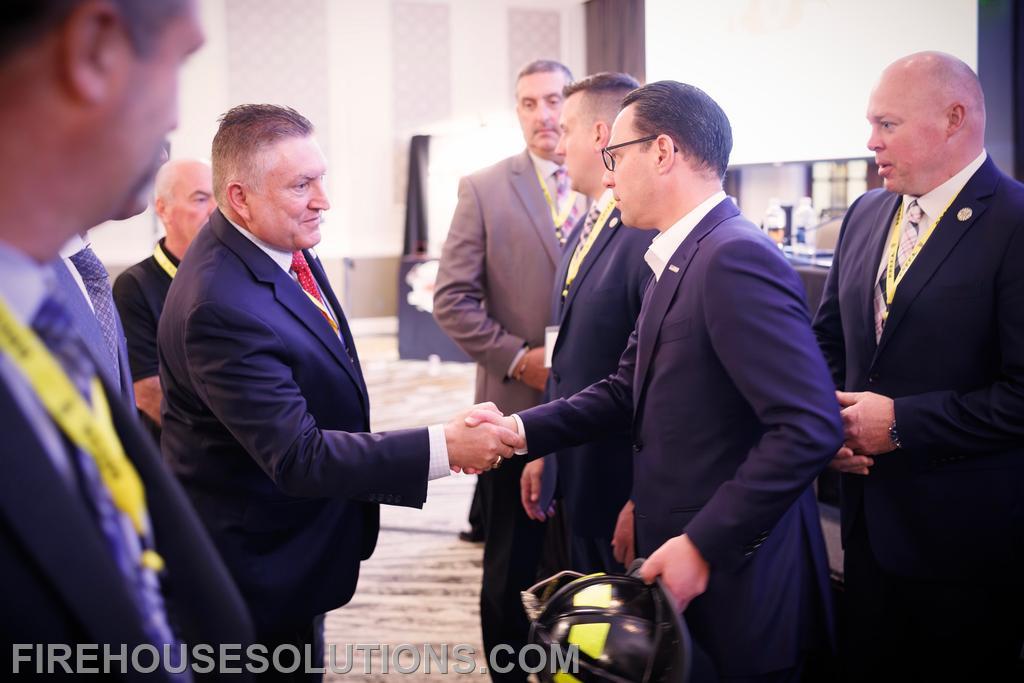 Chief Pete Huf greeting Pennsylvania Governor Josh Shapiro at the PPFFA Biennial Convention in Upper Darby, PA. May 2023.