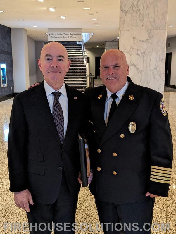 Fire Chief Frank Hand with Secretary of Homeland Security at CFSI. April 2024.